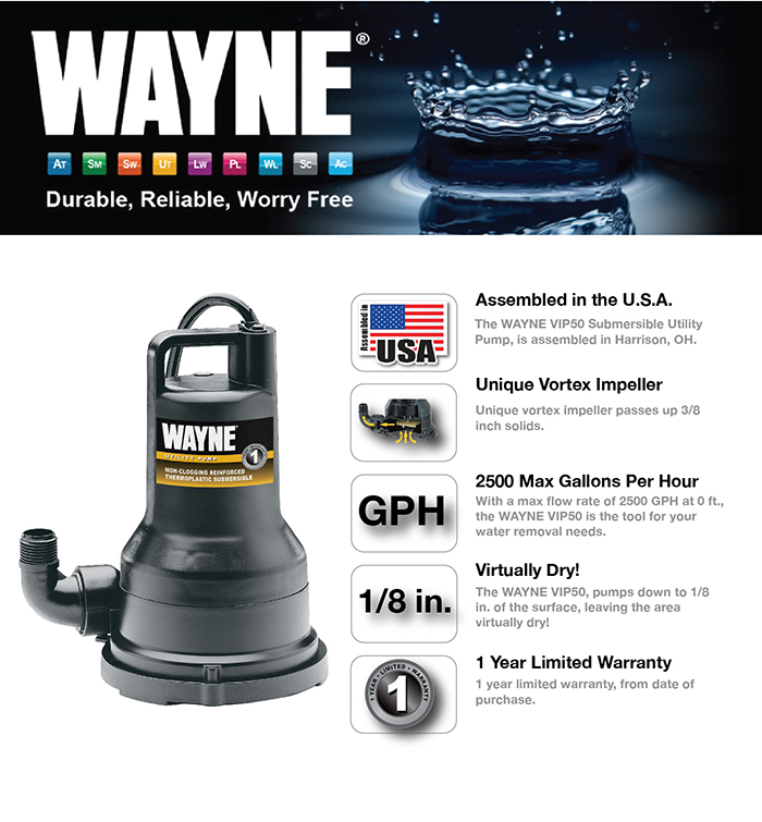 Wayne 1/2 HP NonClogging Vortex, Reinforced Thermoplastic Submersible Utility PumpVIP50 The